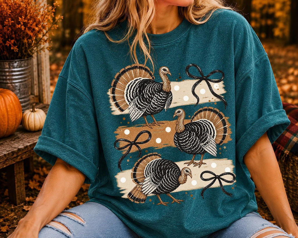 Whimsical Turkey Bow Shirt, Cute Thanksgiving Turkey Tee