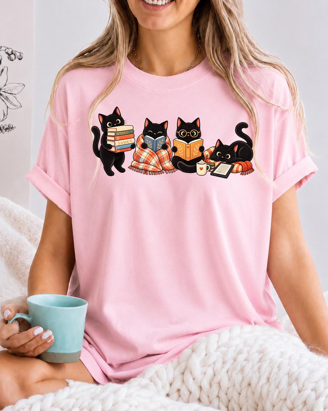 Black Cat Reading Shirt, Book Lover Cat Tee, Cozy Reader Gift For Her
