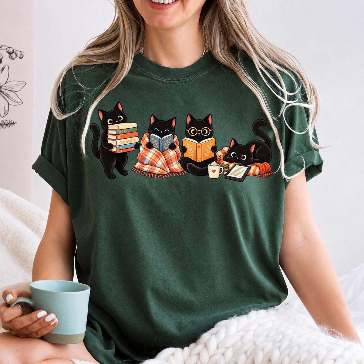 Black Cat Reading Shirt, Book Lover Cat Tee, Cozy Reader Gift For Her