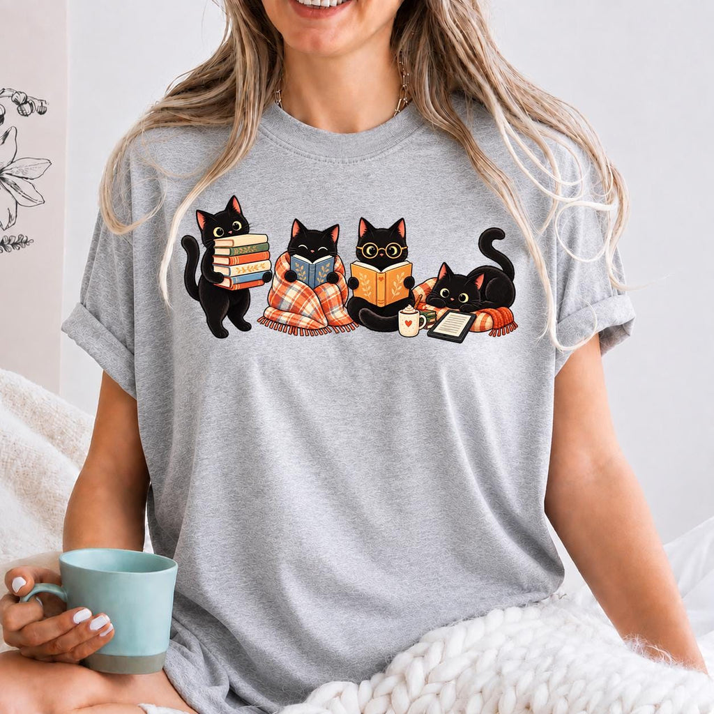 Black Cat Reading Shirt, Book Lover Cat Tee, Cozy Reader Gift For Her