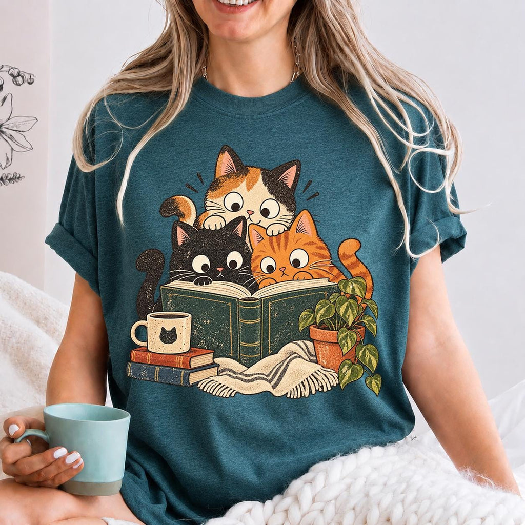 Reading Cats Shirt, Curious Reading Cats, Funny Book Lover Tee