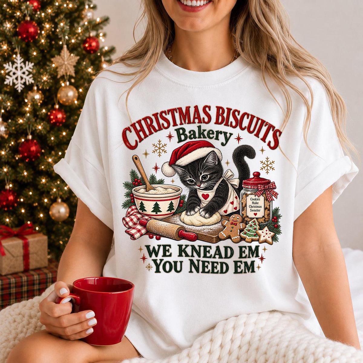 Meowy Christmas Shirt, Kitty Biscuits, Cat Christmas Sweatshirt, Baking Tee
