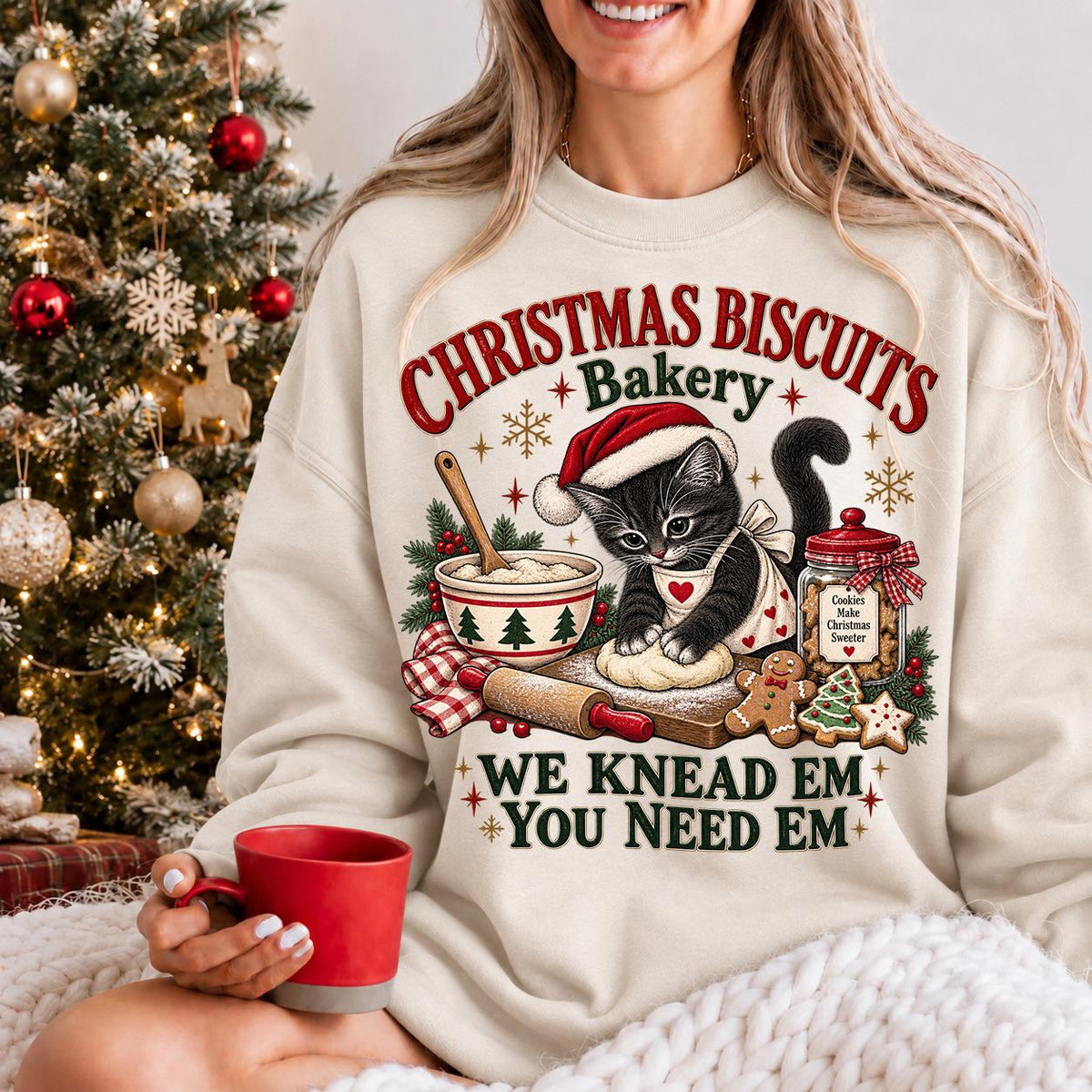 Meowy Christmas Shirt, Kitty Biscuits, Cat Christmas Sweatshirt, Baking Tee
