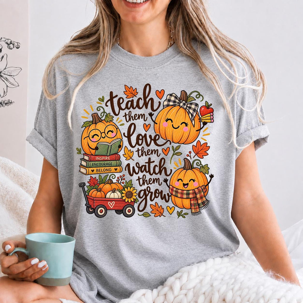 Fall Teacher Shirt Teach Them Tee, Teaching Pumpkins Thanksgiving Tee