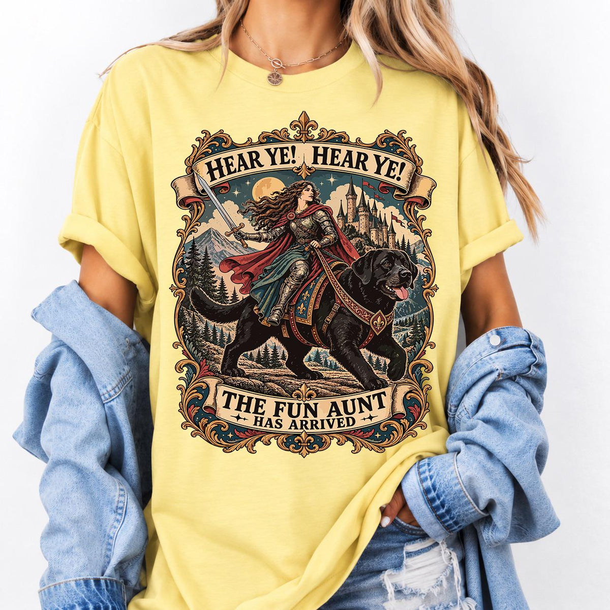 Hear Ye Hear Ye The Fun Aunt Has Arrived tee, Knight Riding Giant Lab Tee