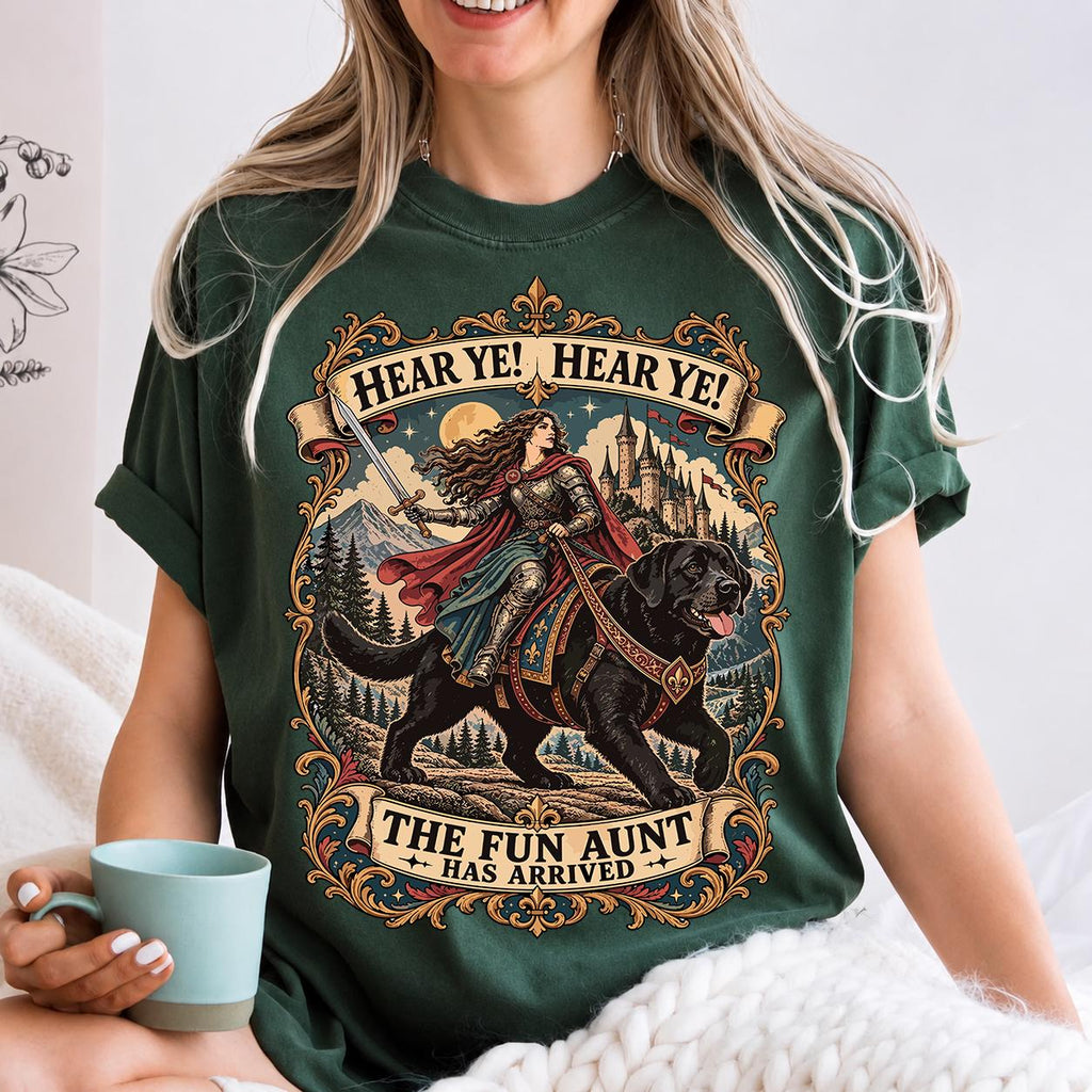 Hear Ye Hear Ye The Fun Aunt Has Arrived tee, Knight Riding Giant Lab Tee